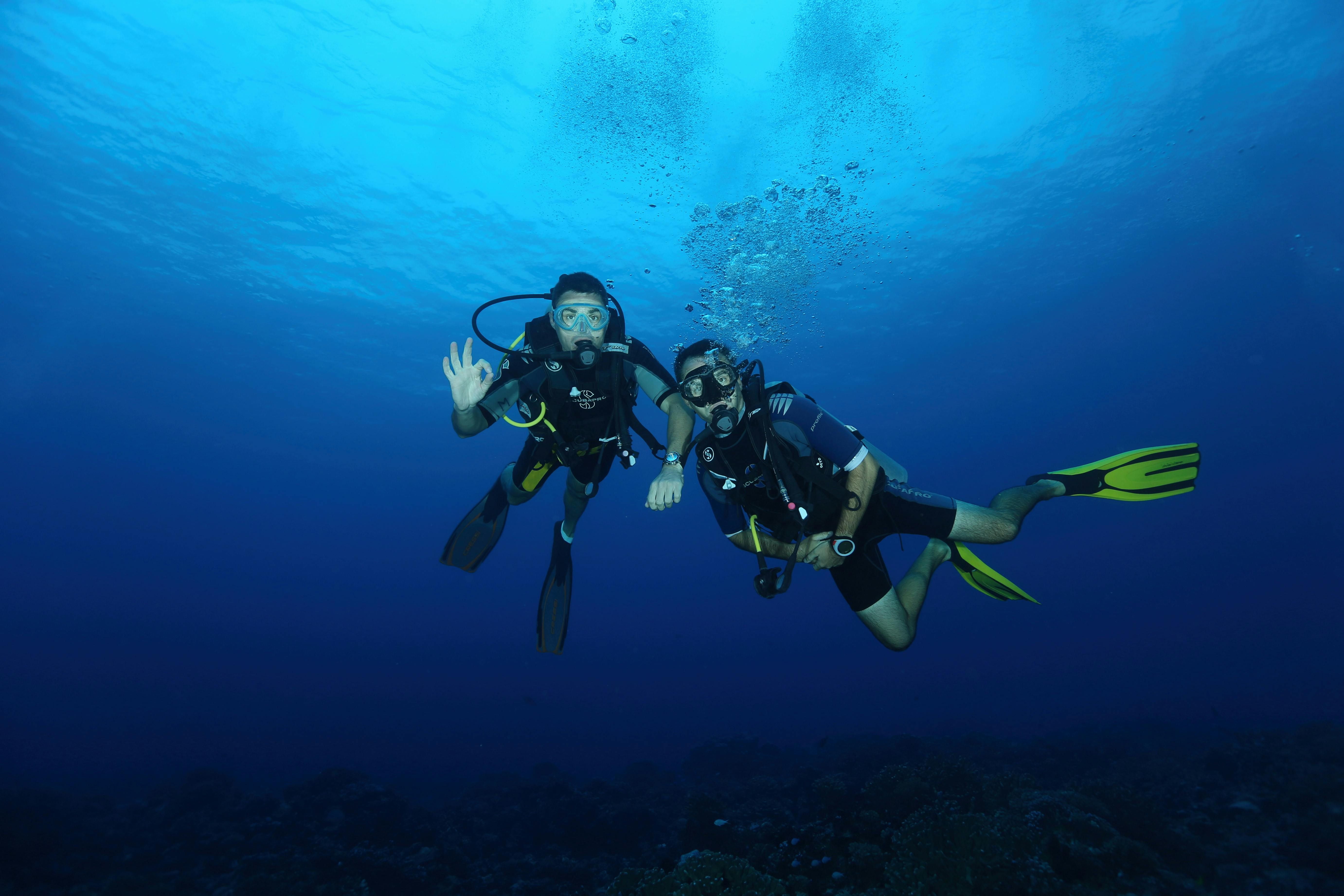 A diver descending through clear open water